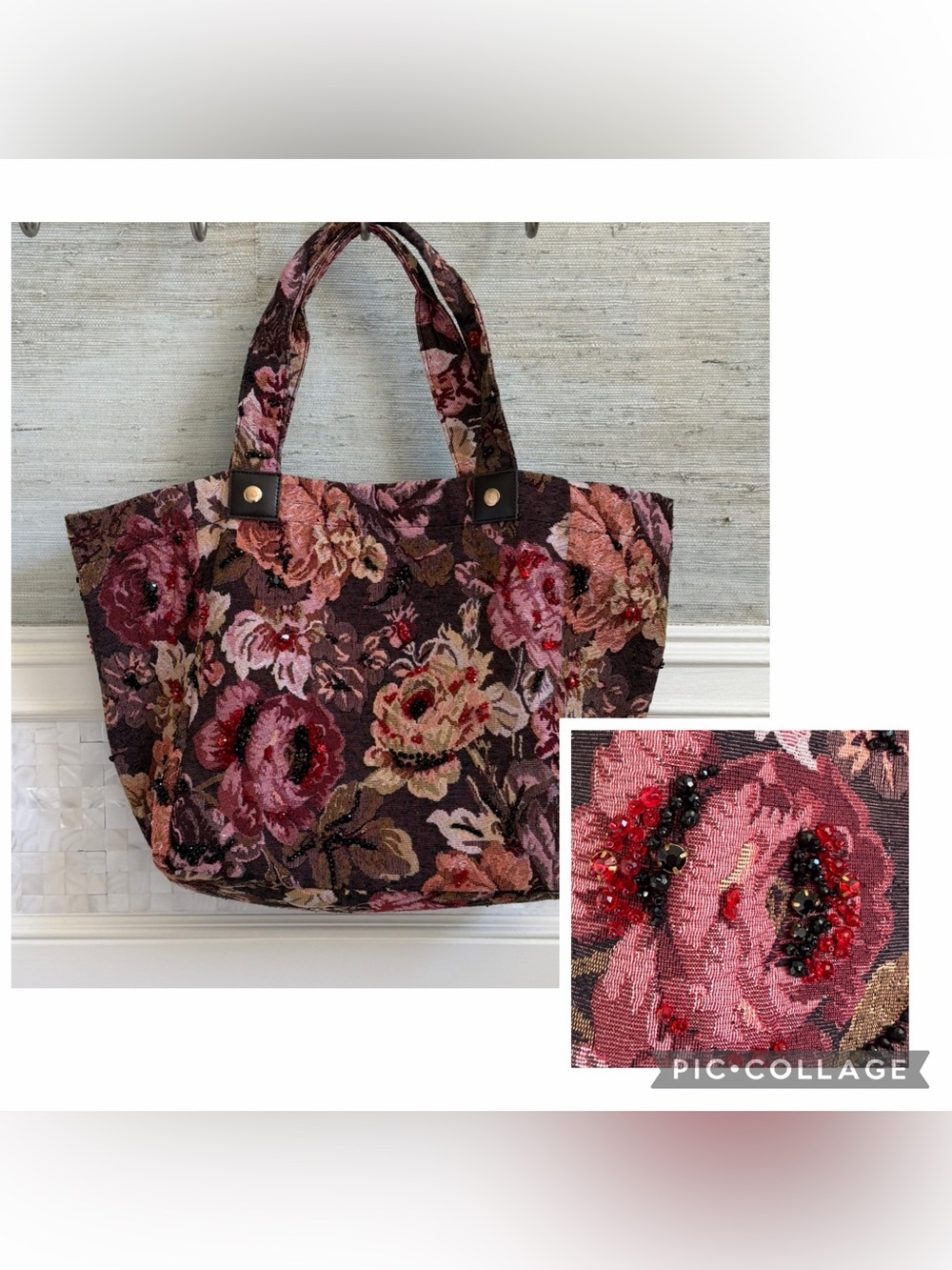 New Anthropologie Maeve Floral beaded Tote Bag brown pink tapestry embellished - Picture 3 of 15